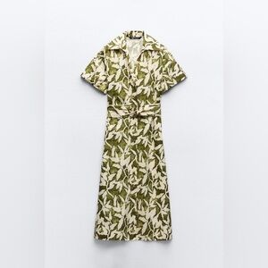ZARA Midi Shirt Dress Floral Print Poplin With Gold Buttons and Belt